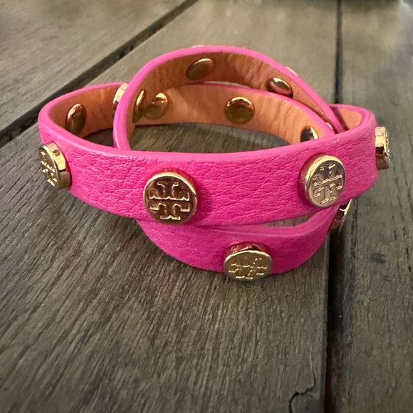 Tory Burch Jewelry - Tory Burch Hot Pink Double Wrap Leather Bracelet with Gold Logo Studs.